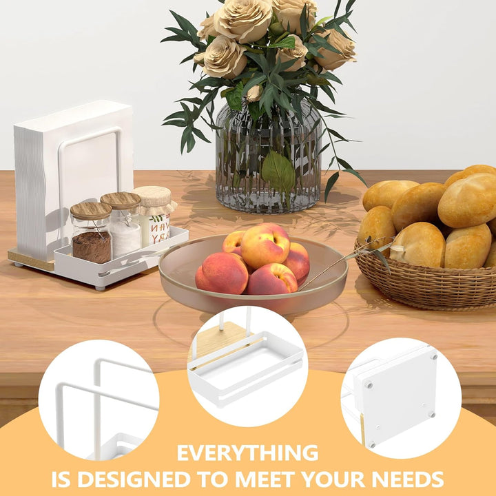 Serviettenhalter Weiss,Serviettenhalter aus Metall & Holz Serviettenspender mit Caddy für Tisch Küch