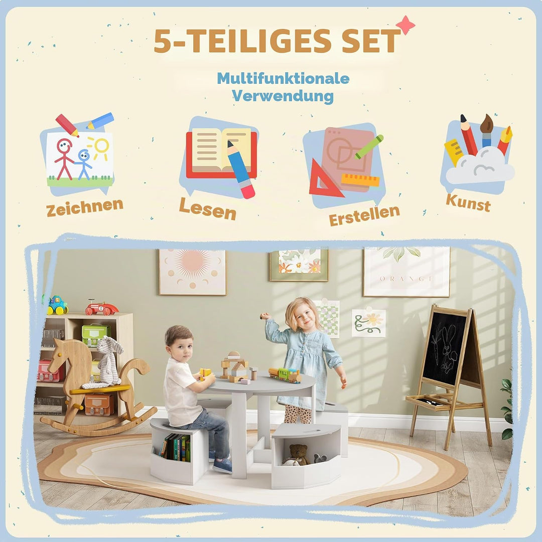 AIYAPLAY 5-TLG. Kindertisch und Hocker Set, Tisch und Stühle Set mit platzsparendem Holzaufbewahrung