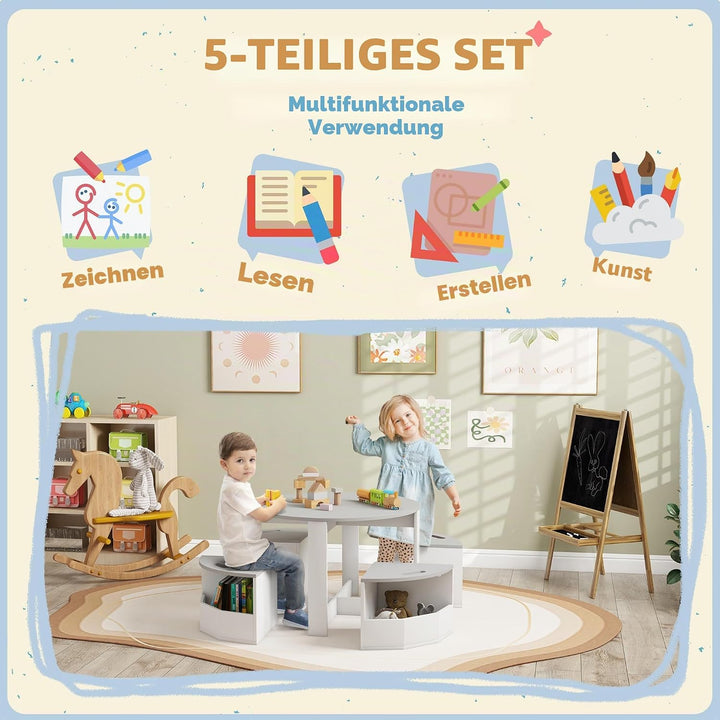 AIYAPLAY 5-TLG. Kindertisch und Hocker Set, Tisch und Stühle Set mit platzsparendem Holzaufbewahrung