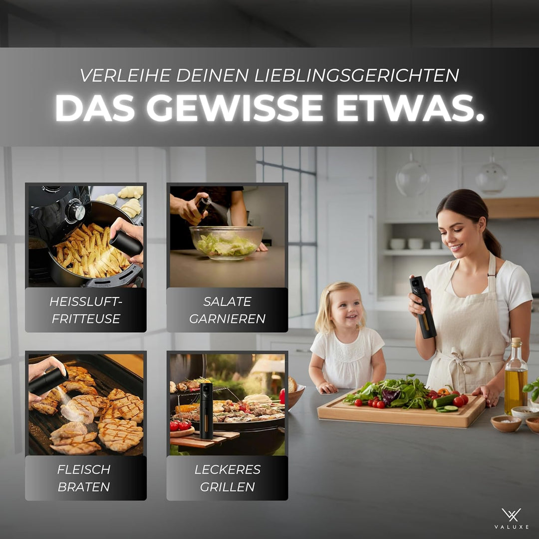 VALUXE® Ölsprüher für Speiseöl & Essig mit UV-Edelstahlmantel & Sprühfilter - Edelstahl Öl-Sprühflas