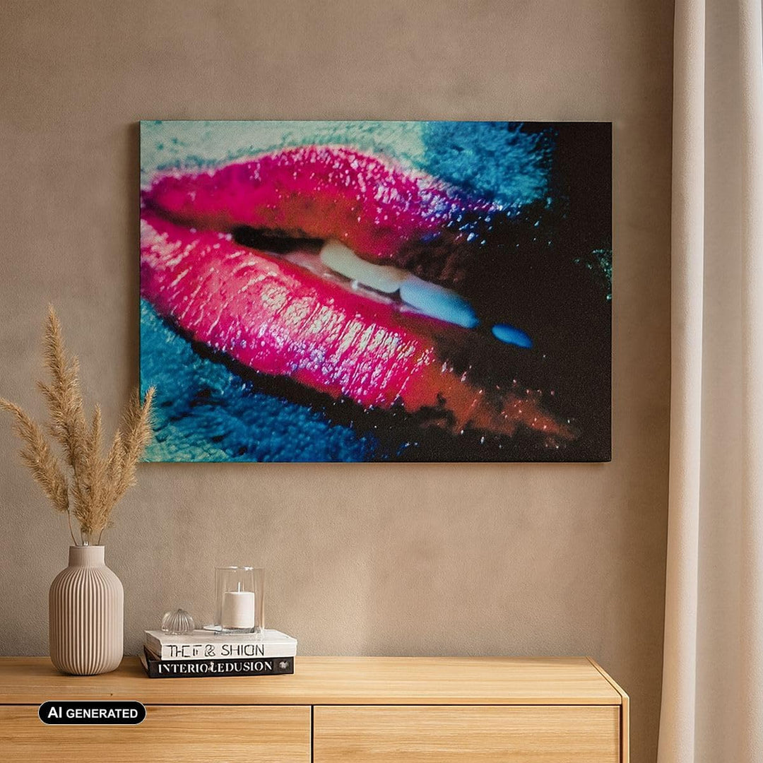 Bilder auf Leinwand 100x70cm Leinwandbild mit Rahmen Lippen Gesicht Frau Gross Wanddeko Bild Schlafz