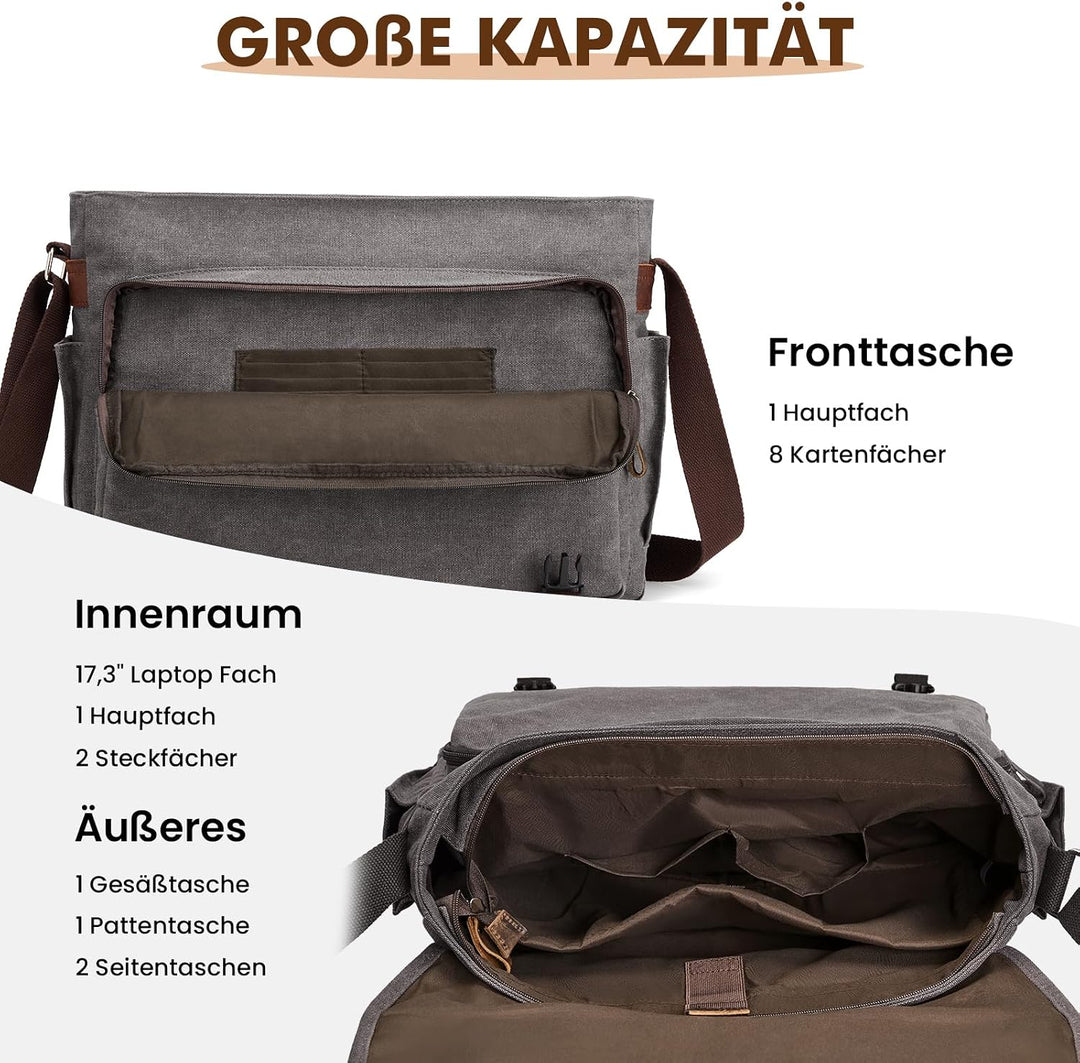 S-ZONE Herren Umhängetasche 17,3 Inch Übergrösse Messenger Bag Canvas Laptoptasche Aktentasche Schul