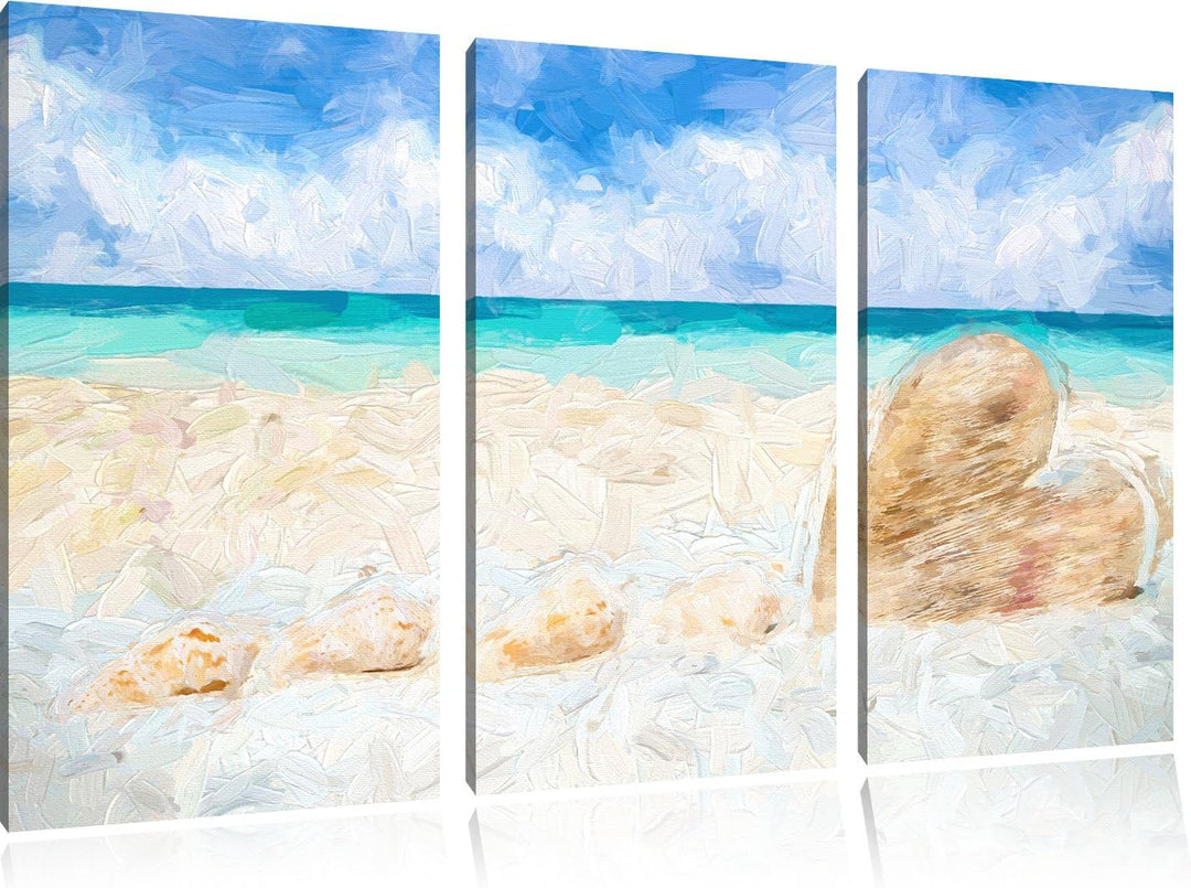 Pixxprint Sandstrand mit Muscheln als Leinwandbild/Grösse: 3 Teilig (120x80) cm/Wandbild/Kunstdruck/