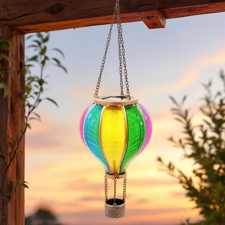 Solar LED Heissluftballon Lampe bunt zum Hängen - 45 cm - Garten Lichtspiel mit Flammen Effekt warm