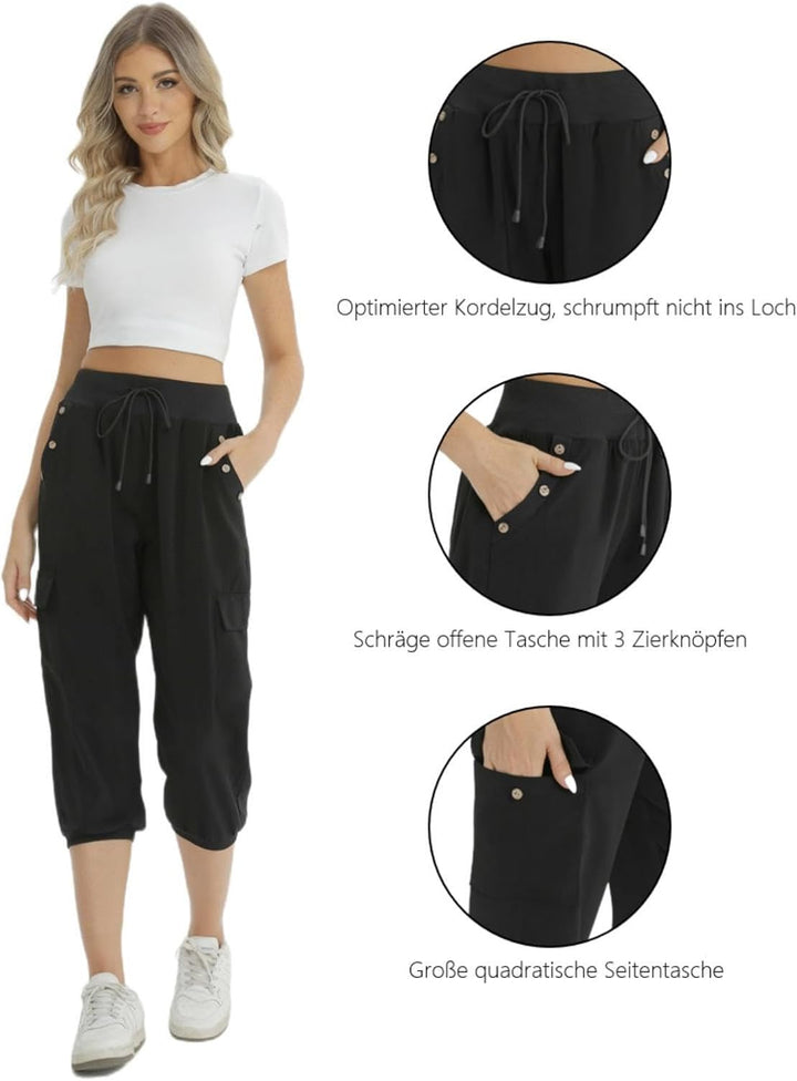 fuinloth 3/4 Hose Damen, Sommer Caprihose Dreiviertel Cargo Hosen Frauen Gummizug Leicht 38-40 Schwa