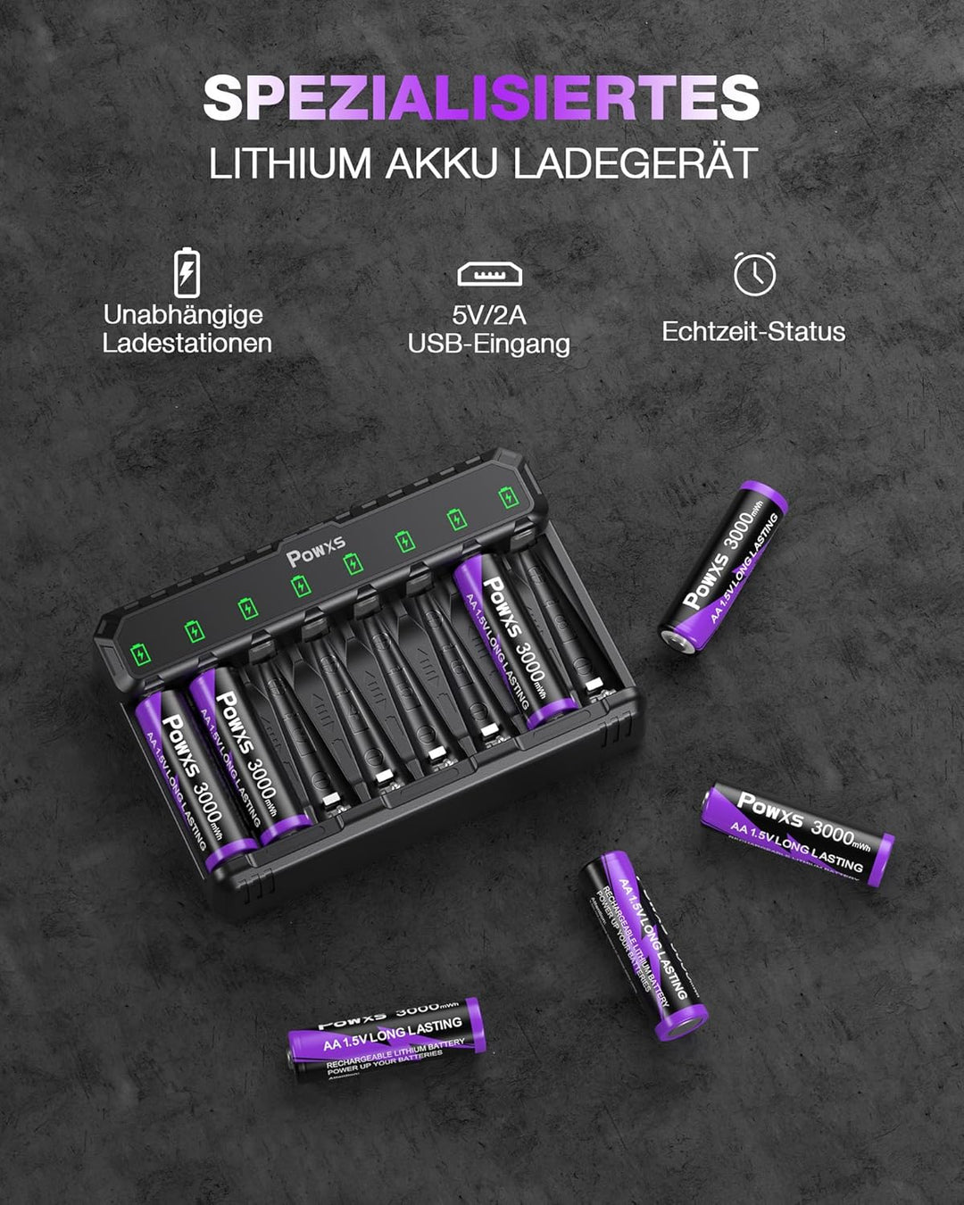 POWXS 1.5V Lithium Akku AA 8-Pack 2000 Zyklen & Stahlgehäuse, 3000mWh,mit USB Schnelladegerät, Kompa