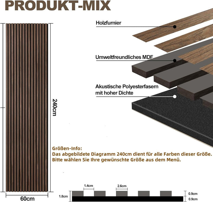 AKK-PANE Akustikpaneele Holz 240x60cm (4er-Set 5,76 m²), 3D Wandpaneele Holz, für Küche, Wohnzimmer,