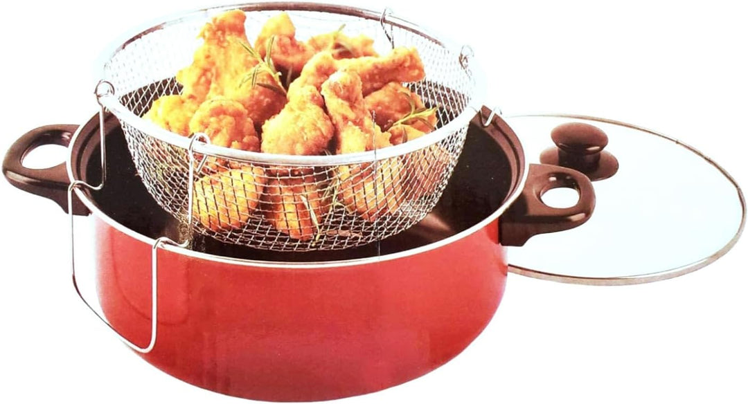 FRYER TOPF FISCH POMMES FRITES HUHN KRAPFEN SIEB FRITEUSE + KORB, Frittiertopf aus mit Glasdeckel In