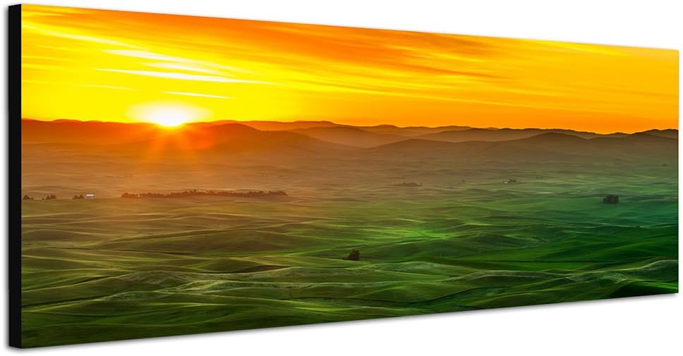 Paul Sinus Art Panoramabild auf Leinwand und Keilrahmen 150x50cm Wiesen Berge Sonnenaufgang