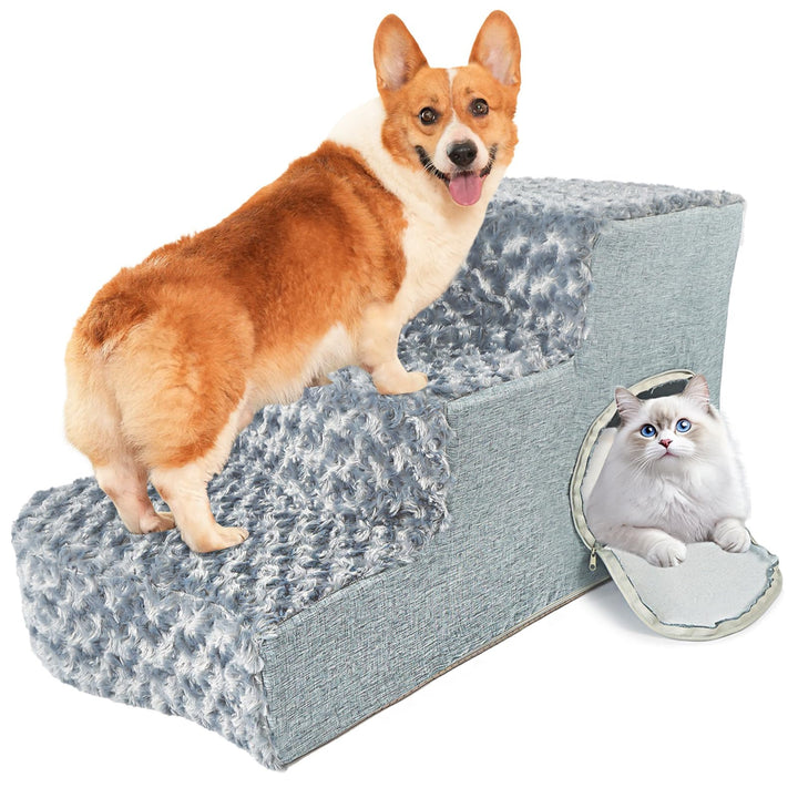 Hundetreppe 3-stufig mit Katzen-Schlafnische und Hunderampe. rutschfeste Treppe aus hochdichtem Scha