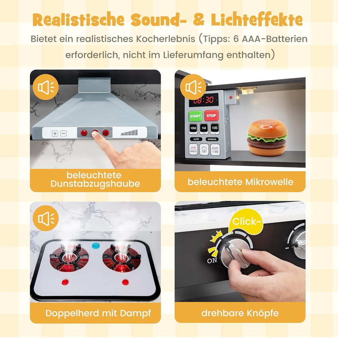 COSTWAY Kinderküche Holz, Spielküche Eck mit Licht und Sound, Holzküche mit Tafel & Spüle & Ofen, in