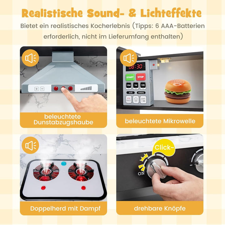 COSTWAY Kinderküche Holz, Spielküche Eck mit Licht und Sound, Holzküche mit Tafel & Spüle & Ofen, in
