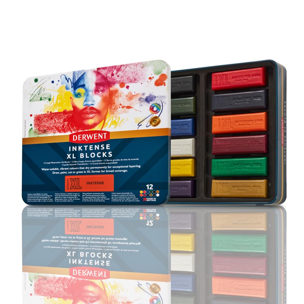 Derwent Inktense XL Farbblock, 12er-Set Malstifte, 60 mm, extrabreite Farbstifte, wasserlöslich, ide