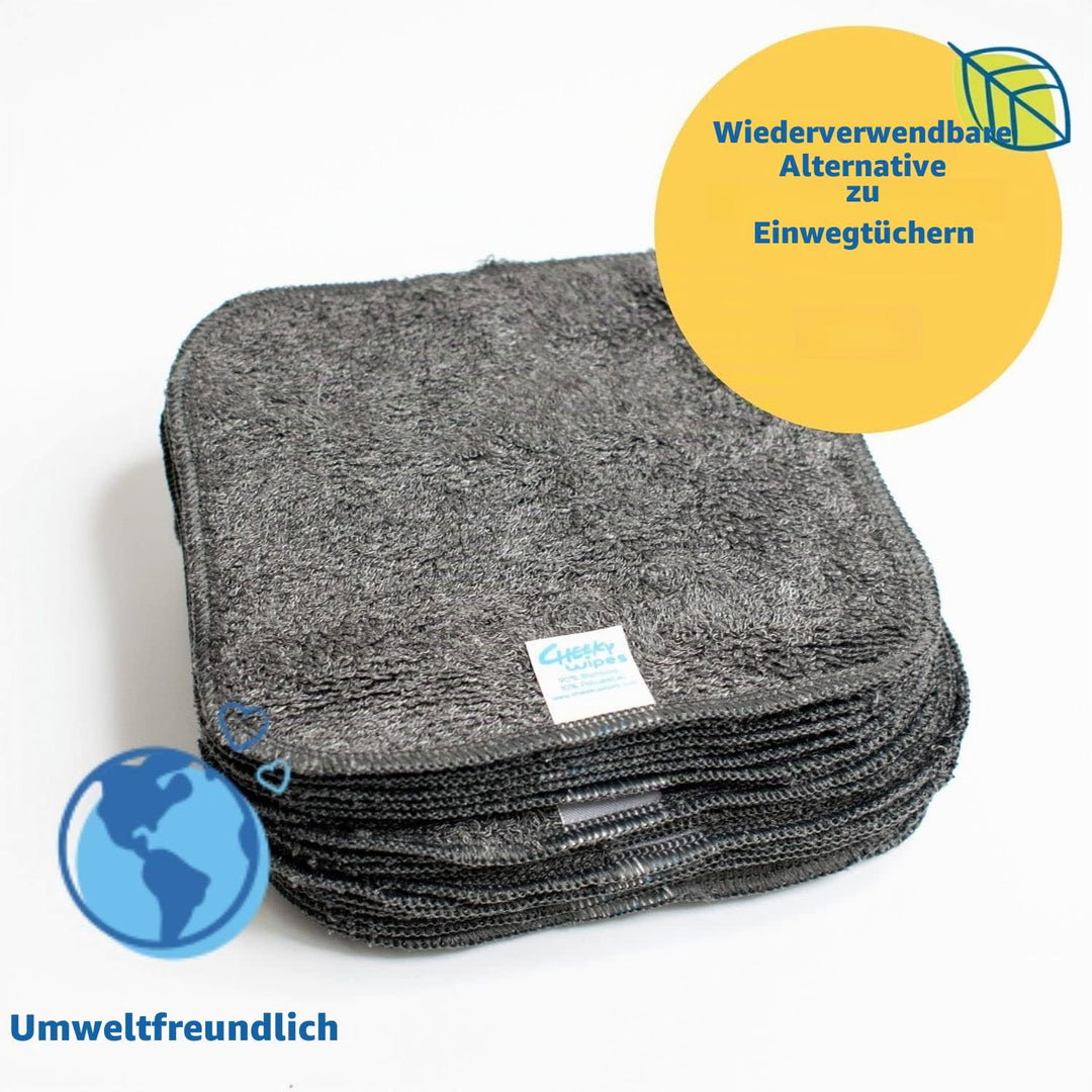Cheeky Wipes - 25 waschbare Bambus-Frotteetücher, 15 x 15 cm, wiederverwendbar, grau, perfekt für Hä