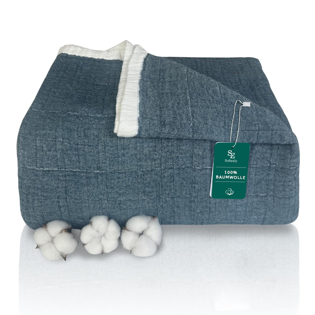 SE SOFTEXLY Musselin Decke 150 x 200 aus 100% Baumwolle, Weiche und Atmungsaktive Kuscheldecke, Leic