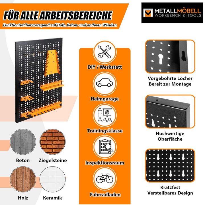 METALLMOBELL - Werkzeugwand Metall Lochwand, 160x60x2 cm, 4 Lochplatten 40x60x2 cm, Haken und Halter