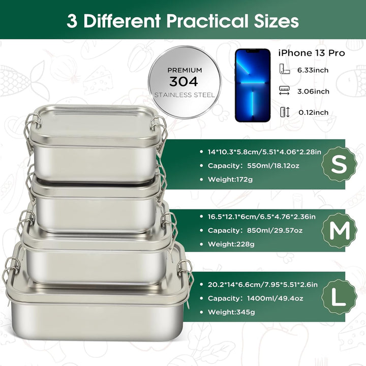4er Pack 304-Stahl-Bento-Boxen, Mit Lunchbox Edelstahl in Den Volumina 1400/850/550/550ml, Leckdicht