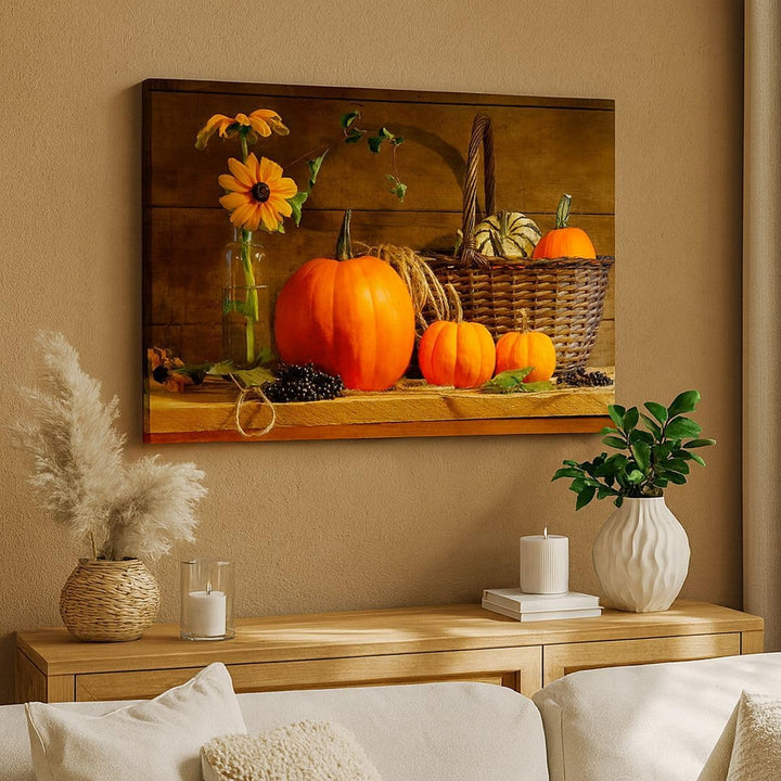 Bilder auf Leinwand 100x70cm Leinwandbild Herbst Folk Tradition Kürbisse Gross Wanddeko Bild Schlafz