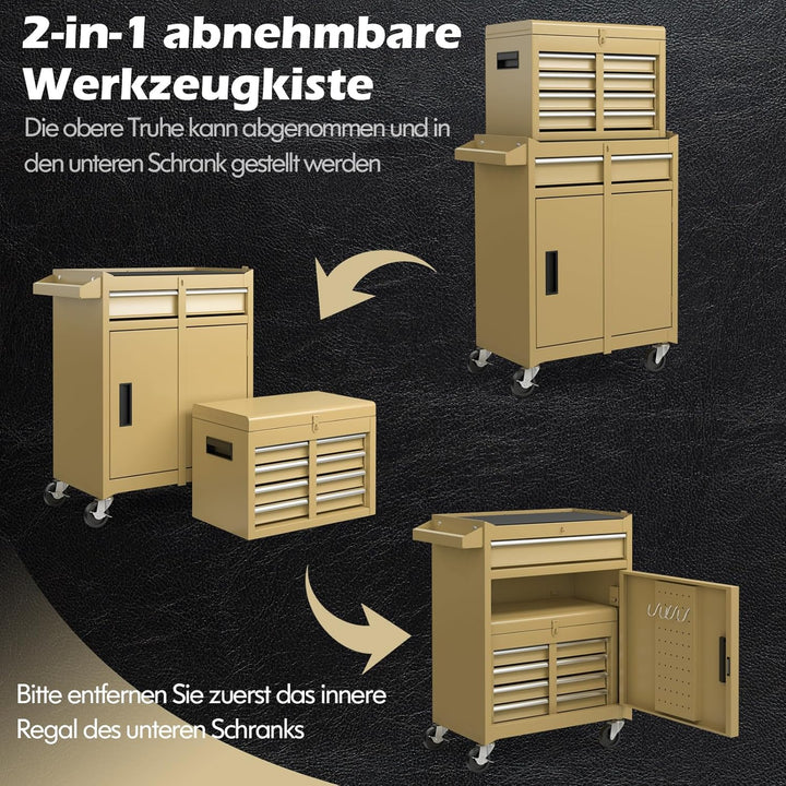 GYMAX Werkstattwagen mit 5 Schubladen, 2 in 1 Werkzeugschrank mit Haken, verstellbarem Regal & Unive