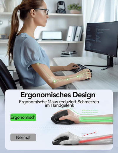 TECKNET Ergonomische Maus Kabellos, 2.4G USB Optische Vertikale Maus Ergonomisch mit Ladekabel, 800/