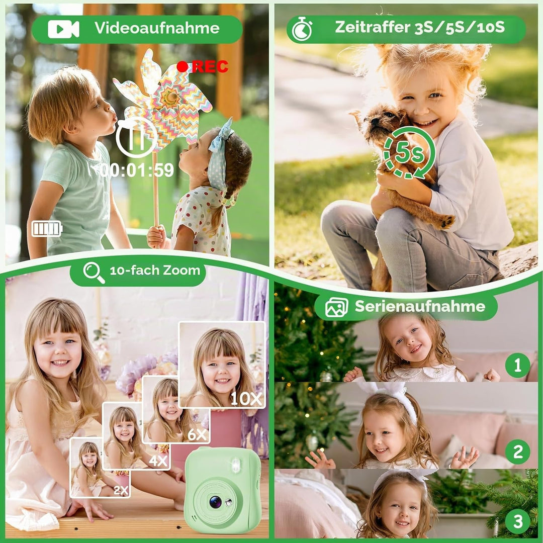 Hangrui Kinderkamera Sofortbildkamera, 14MP Sofortbildkamera Kinder mit 32G Karte & Druckpapier, 108