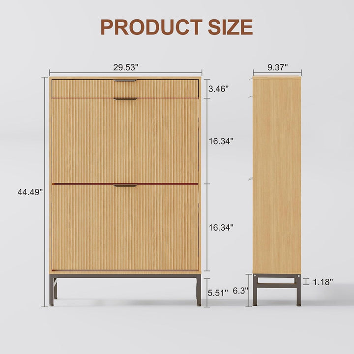 Platzsparender Schuhschrank schmal mit 2 Klappfächern &amp; Schublade – modernes Fluted-Design – freiste