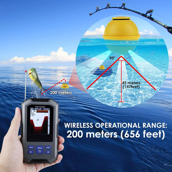 Fish Finder Wireless Sonar Sensor 125kHz Frequenz 45 Meter / 147 Fuss Tiefenalarm Funktion und gross
