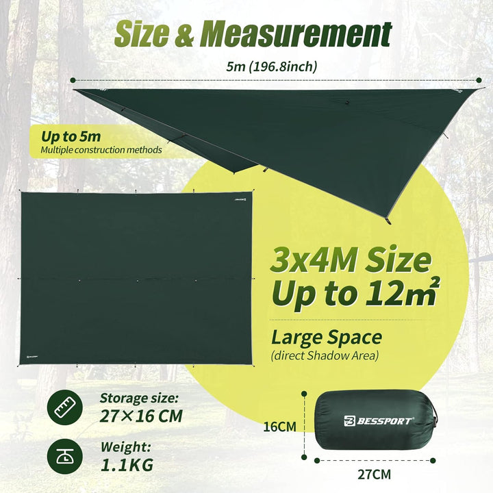 Bessport Zeltplane, Camping Zelt Tarp 3m x 3m/3m x 4m Wasserdicht PU3000 mm Tarp für Hängematte, mit