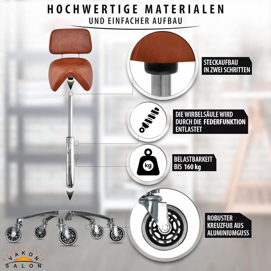 Breiter Sattelhocker mit Lehne Hellbraun Sattelstuhl für Rückenentlastung, Rollhocker höhenverstellb