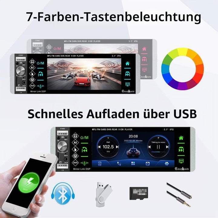 Podofo Autoradio 1 Din mit Apple CarPlay, Bluetooth, Android Auto, 5,1 Zoll IPS-Display Autoradio Un
