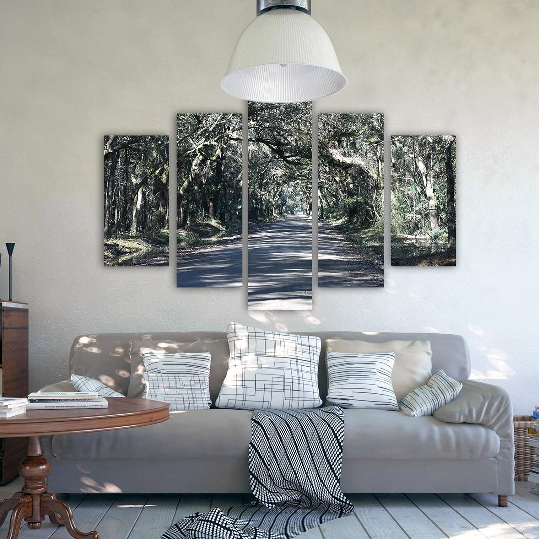 Feeby Leinwandbild Landschaft 5 TLG Bild Kunstdruck Weg Allee Wald Bäume grün 100x70 cm Leinwandbild
