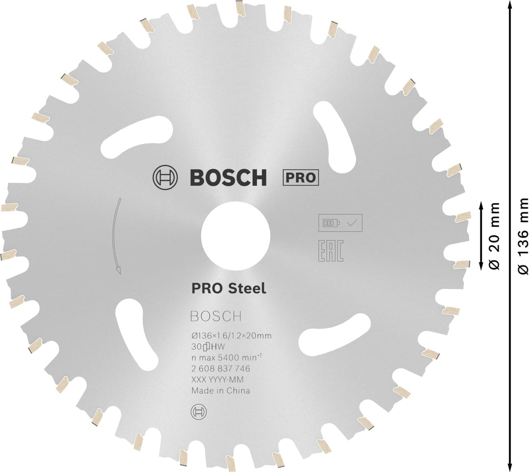 Bosch Professional 1x Kreissägeblatt Standard for Steel (Stahl, Sägeblatt Ø 136 x 20 x 1,6 mm, 30 Zä