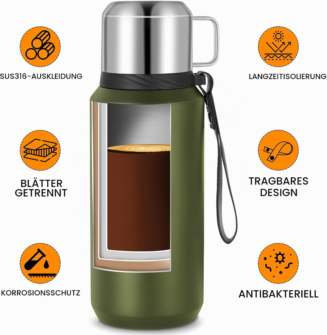Edelstahl Thermosflasche mit Becher - 800ml Thermoskanne Doppelwandige Isolierkanne - Auslaufsicher