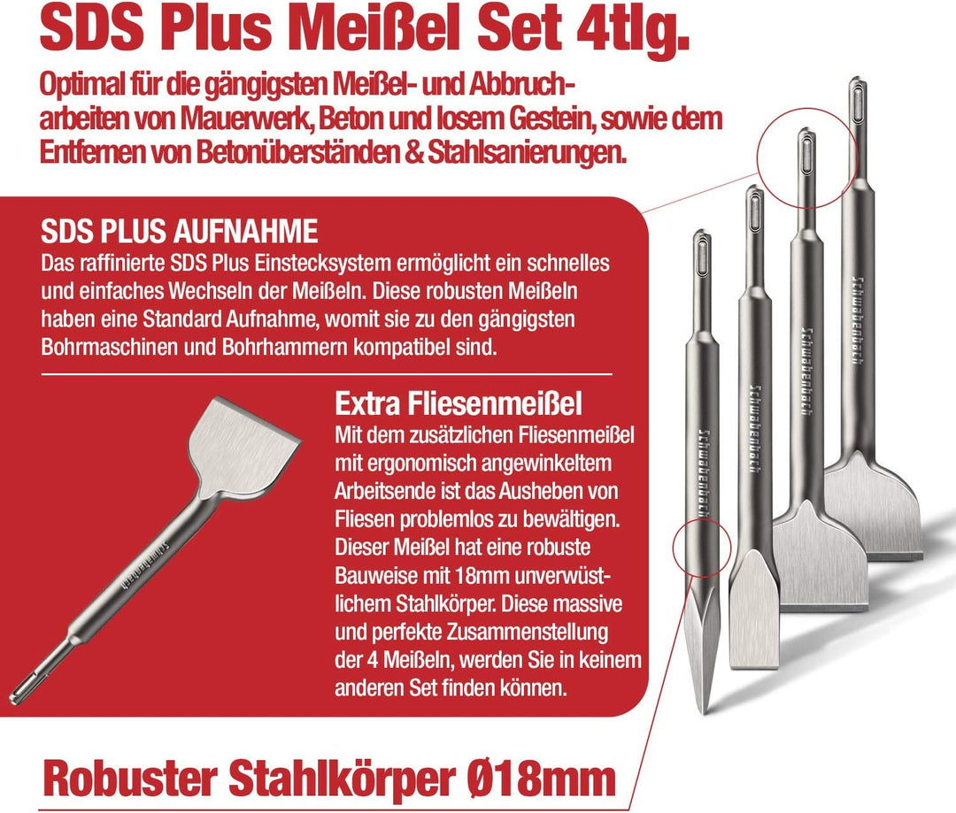 SCHWABENBACH® SDS PLUS Meissel Set 4tlg. 250mm - Flachmeissel 25mm + 50mm + Fliesenmeissel 50mm (Abg