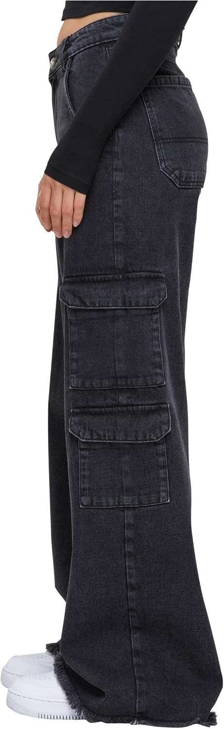 Urban Classics Damen Ladies Mid Waist Cargo Denim Pants 32 Black Charcoal Washed, 32 Black Charcoal