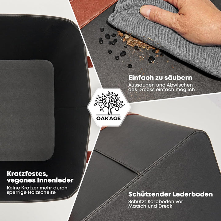 OAKAGE® Holzkorb für Kaminholz Gross aus veganem Leder Kaminholzkorb Feuerholzkorb Brennholzkorb Kam