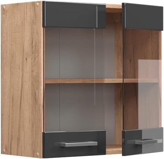 Vicco Küchenschrank Glas R-Line, Anthrazit Hochglanz/Goldkraft Eiche, 60 cm Anthrazit Hochglanz Häng