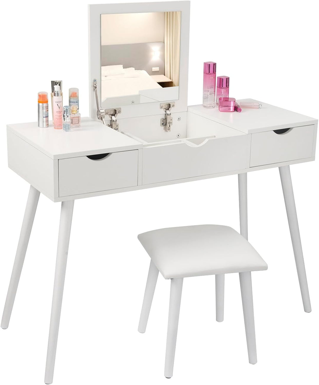 EUGAD Schminktisch mit Spiegel und Hocker, Frisiertisch mit Aufklappbarem Spiegel, 100x40x75cm, Schr
