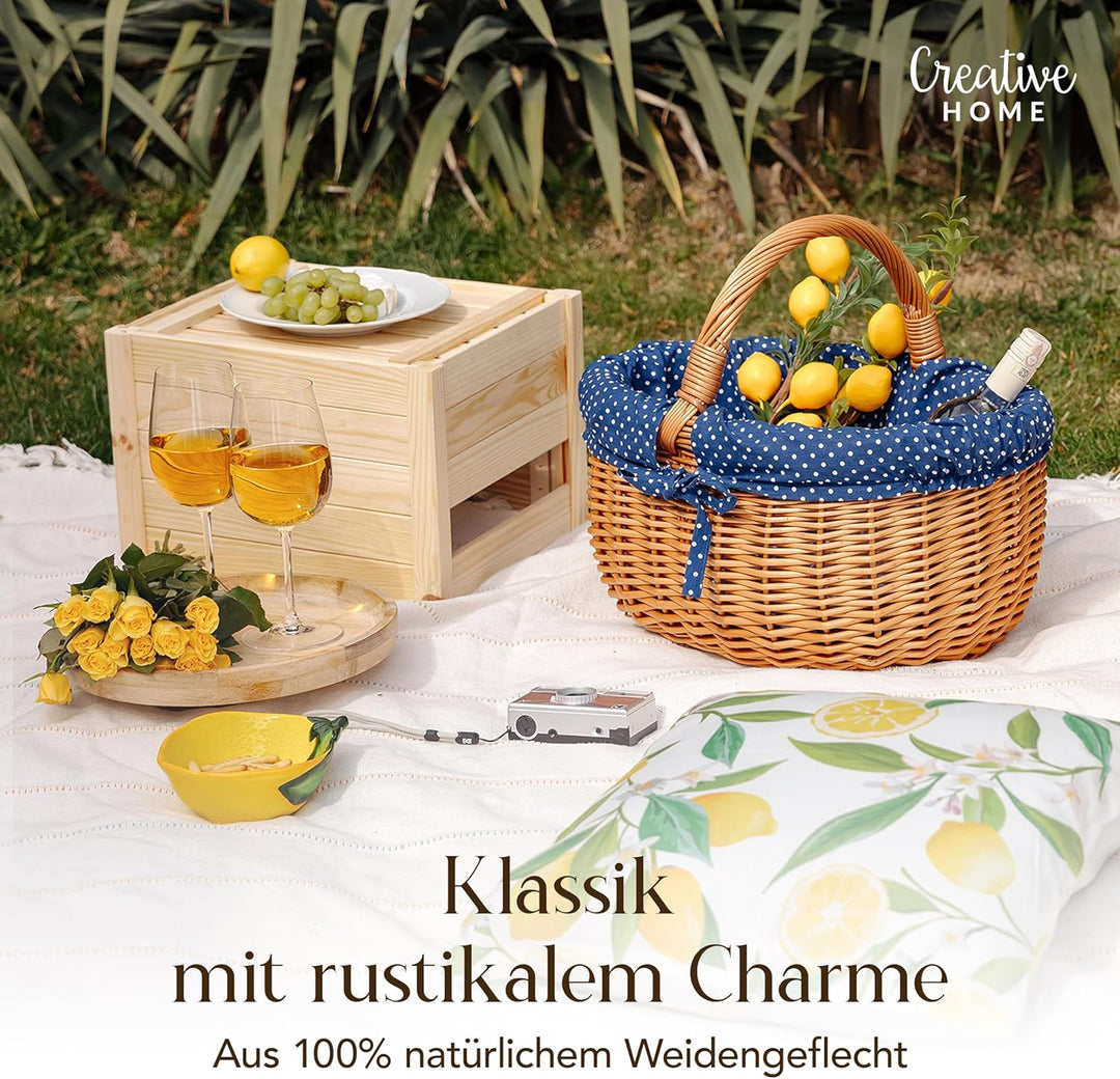 Creative Home Grosser Picknickkorb mit Stoffeinlage blau mit Pünktchen | Weidenkorb mit Henkel | Ein