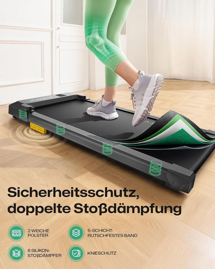 UREVO Smart Walking Pad, Kompaktes Leises Laufband Schreibtisch, mit Sechs-Punkt-Stossdämpfung, Work