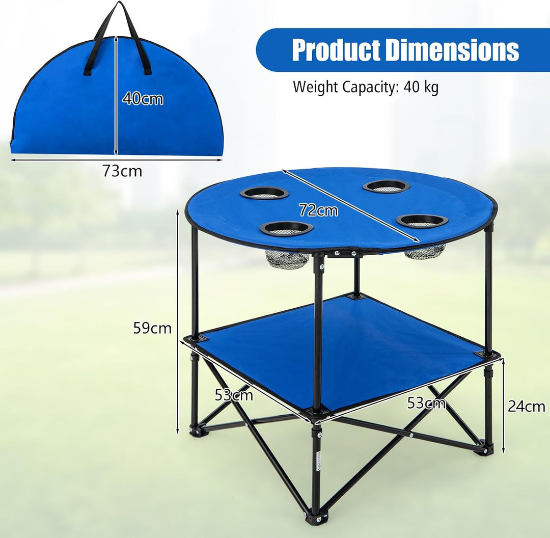 KOMFOTTEU Ø72cm Campingtisch klappbar, Picknicktisch mit 4 Becherhaltern, Strandtisch rund mit Trage