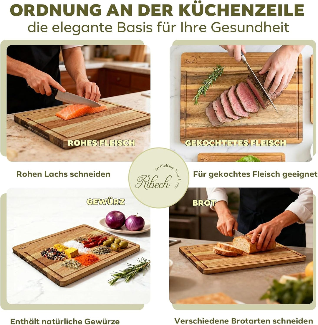 Schneidebrett Set 4-teilig aus Akazienholz inklusive Aufbewahrungsständer | 40x30cm 33x24cm 26x18cm
