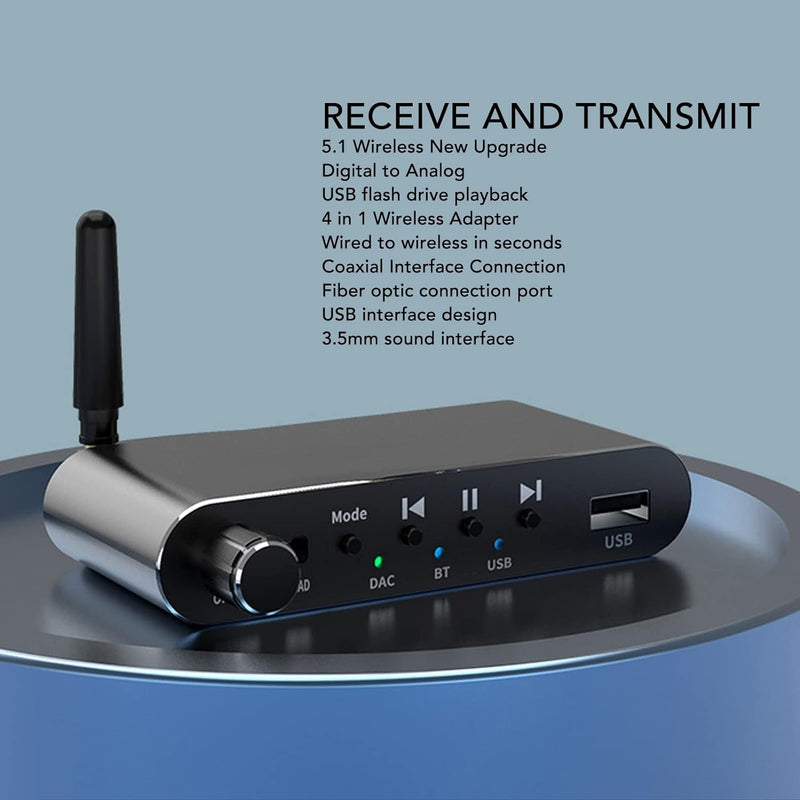 Bluetooth-Empfänger-Sender, 4-in-1 Bluetooth 5.1 Aux-Audio-Adapter, HiFi-DAC, Digital-Analog-Konvert