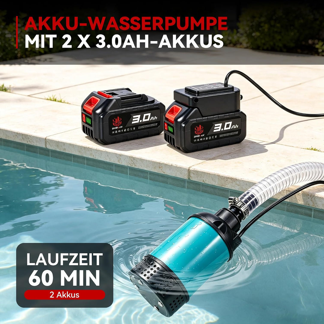 ONEVAN Akku Tauchpumpe mit 2x 3.0Ah Akku &amp; 2M Schlauch, 4164L/H Wasserpumpe