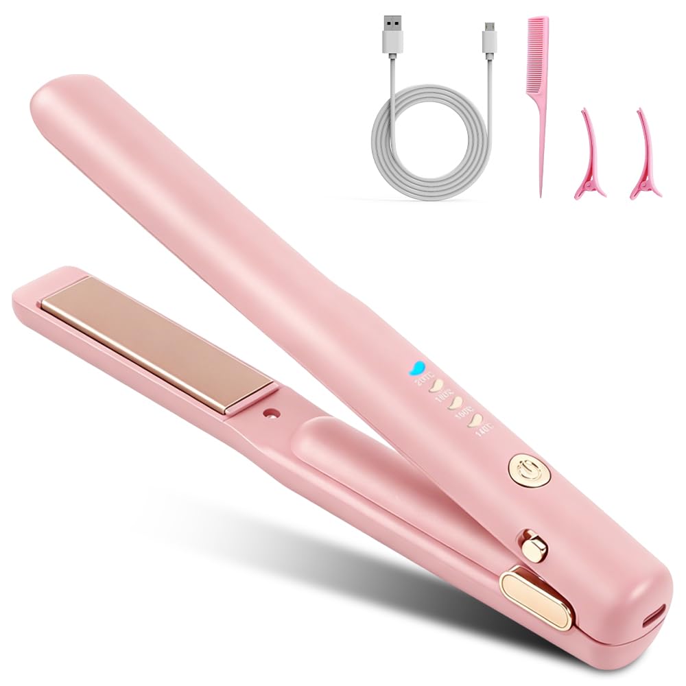 2 In 1 Mini Glätteisen Kabellos und Lockenstab, Hair Straightener, 4 Temperaturen, Wiederaufladbare