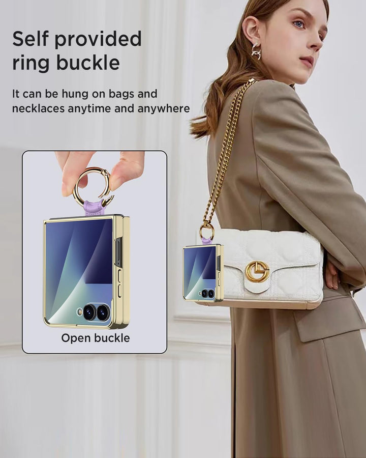 Miimall Lederhülle Kompatibel mit Samsung Galaxy Z Flip 7 Hülle mit Band+Ring Ständer [HD Displaysch