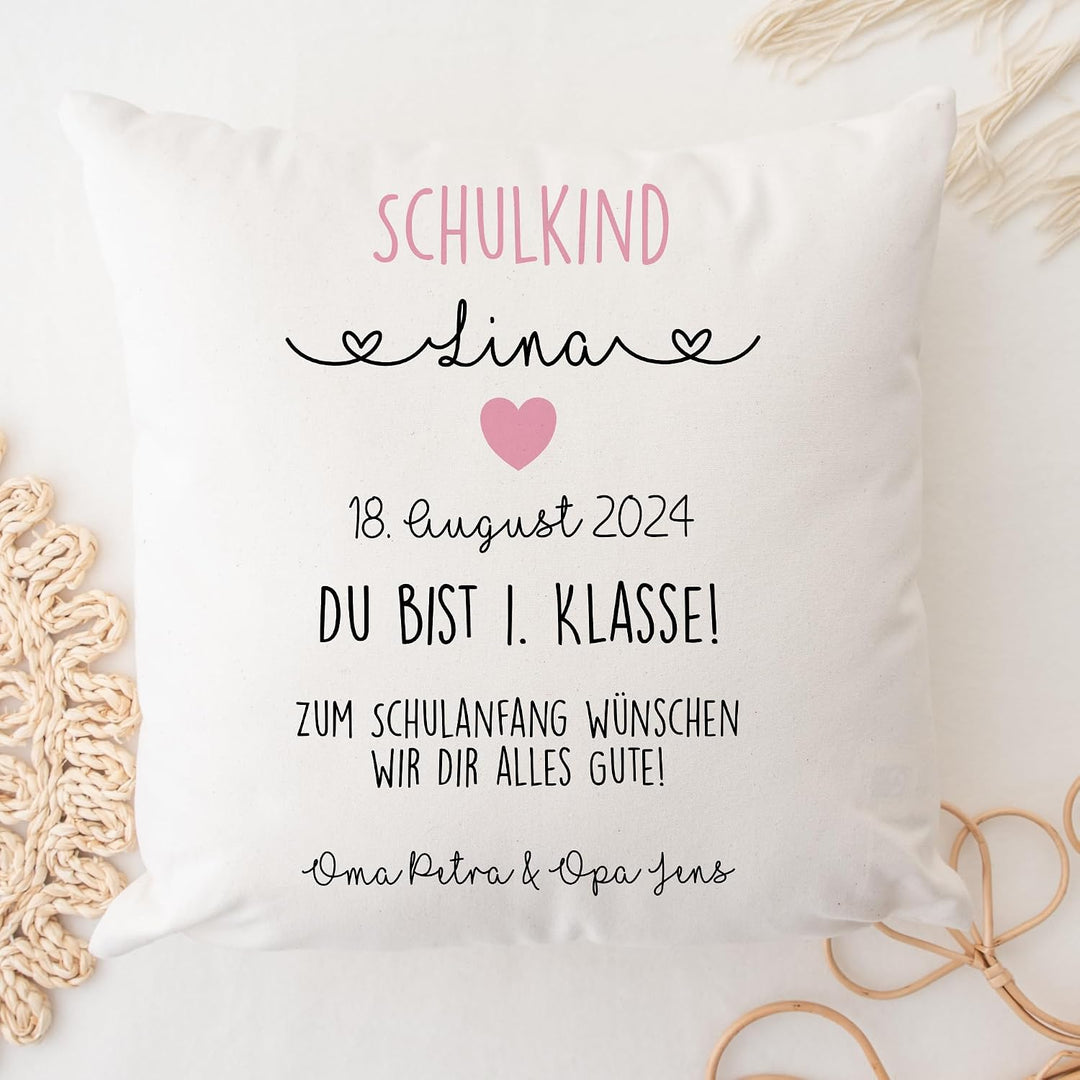 Geschenk zur Einschulung für Schulanfänger - Kissen mit Name und Einschulungsdatum des Erstklässlers