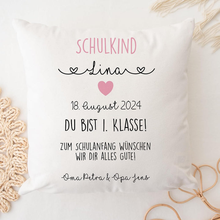 Geschenk zur Einschulung für Schulanfänger - Kissen mit Name und Einschulungsdatum des Erstklässlers
