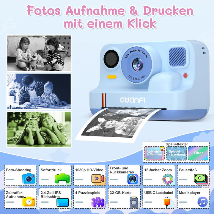 Kinderkamera Sofortbildkamera, 2,4 Zoll 1080P Sofortbildkamera Kinder mit 32GB Karte & 3 Rollen Druc