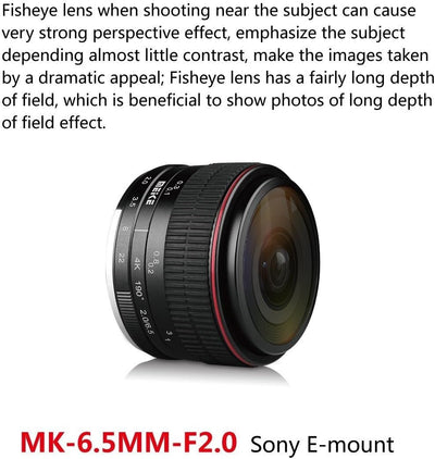 Meike MK 6,5 mm f/2.0 Kreisförmige Objektiv Fisheye für Sony E-Mount Kameras NEX 5 A6000 A6300 A6400